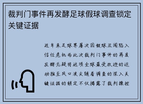 裁判门事件再发酵足球假球调查锁定关键证据