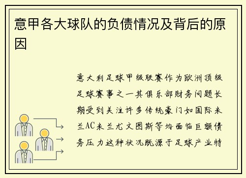 意甲各大球队的负债情况及背后的原因