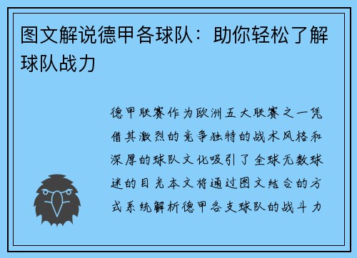 图文解说德甲各球队：助你轻松了解球队战力